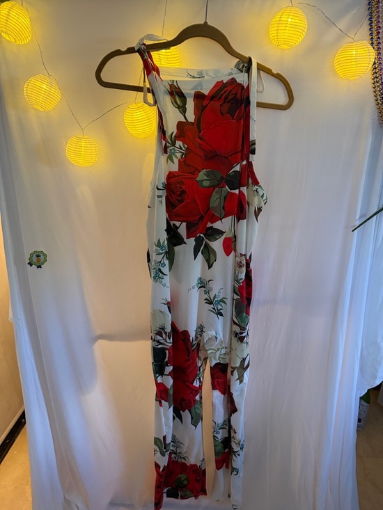Temu Pants - Tie-Shoulder Floral Jumpsuit in White with Red Rose Print